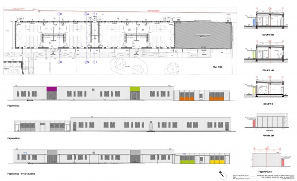 Plan, façades et coupes du restaurant et des salles de classe / A2M _ Patricia MAITRE