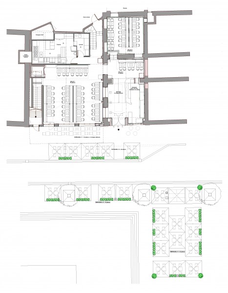 Plan RDC avec terrasses sur la place Clémenceau / Agence d'architecture Thierry Meu Christian Lalucaa