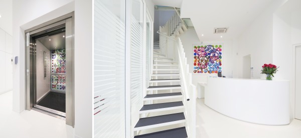 Entrée et ascenseur décoré par l'artiste Jofo / Bupa Architectures | Cabinet Dentaire