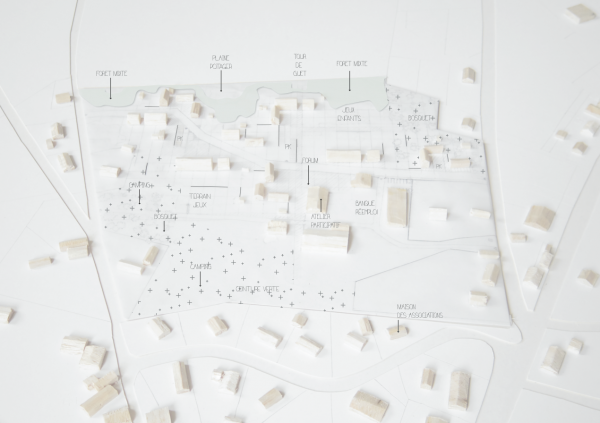 Maquette de principe d'organisation du nouveau quartier de Luxey. La référence à l’airial où les constructions étaient sur une même parcelle sans délimitation peut être la base d’une réinterprètation de la limite parcellaire. Les vents et les sols vont être au cœur de l’orientation des bâtis au même titre que les espaces d’appropriations attenant au bâti. La parcelle peut être suggérée, ponctuée par des éléments du quotidien. Les appentis, les murets ou la végétation sont les éléments clés de la nouvelle interprétation de la limite. Dessiner un pourtour mais laisser un degré de libre-circulation. /