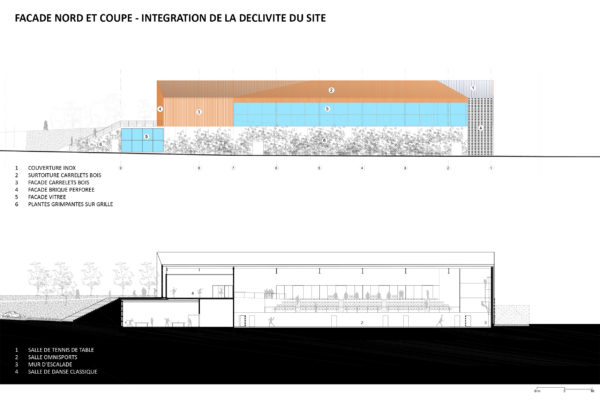 Façade nord et coupe - Intégration de la déclivité du site / Atelier Ferret Architectures
