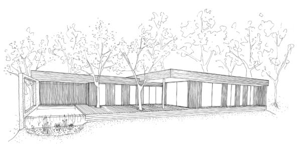 Croquis, maison bois en panorama sur le paysage / Ariane Guggenbuhl