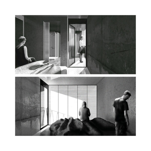 Espace intime, salle d’eau et balcon partagé [2 habitants] - Espace intime, chambre [1 habitant] / 