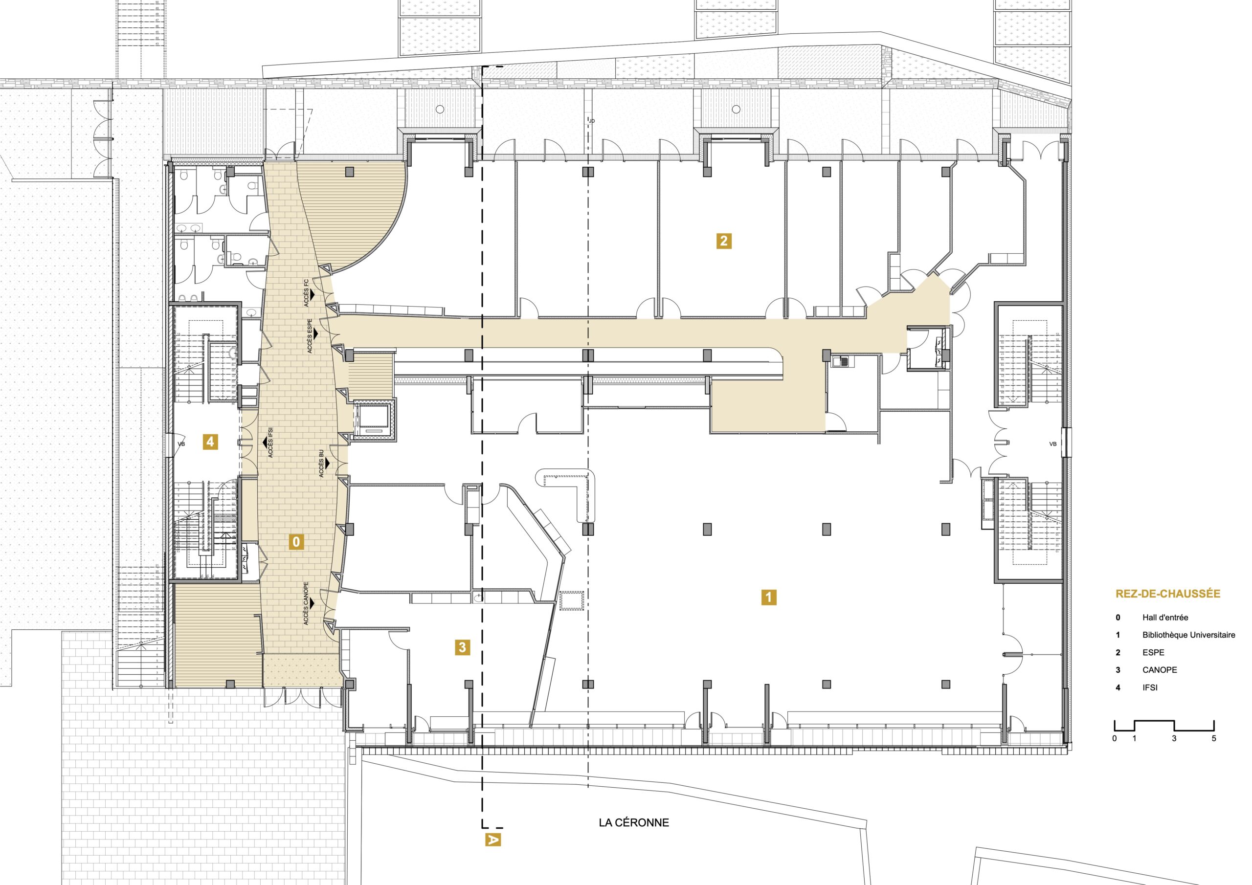 Plan du rez-de-chaussée : le hall traversant dessert les 4 entités du programme, dont la grande bibliothèque face à la rivière et au théâtre de verdure. / Agence Beffre