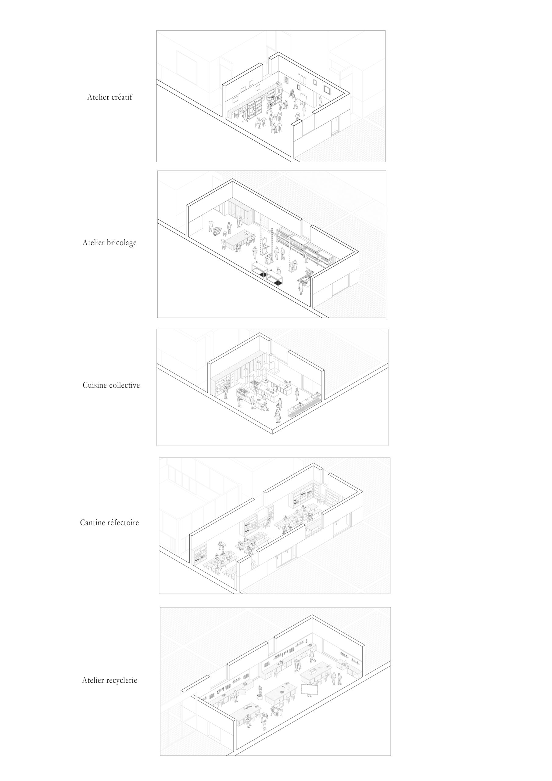 Axonométries des volumes du socle / Gautier BAUFILS & Gaspard JOURNET