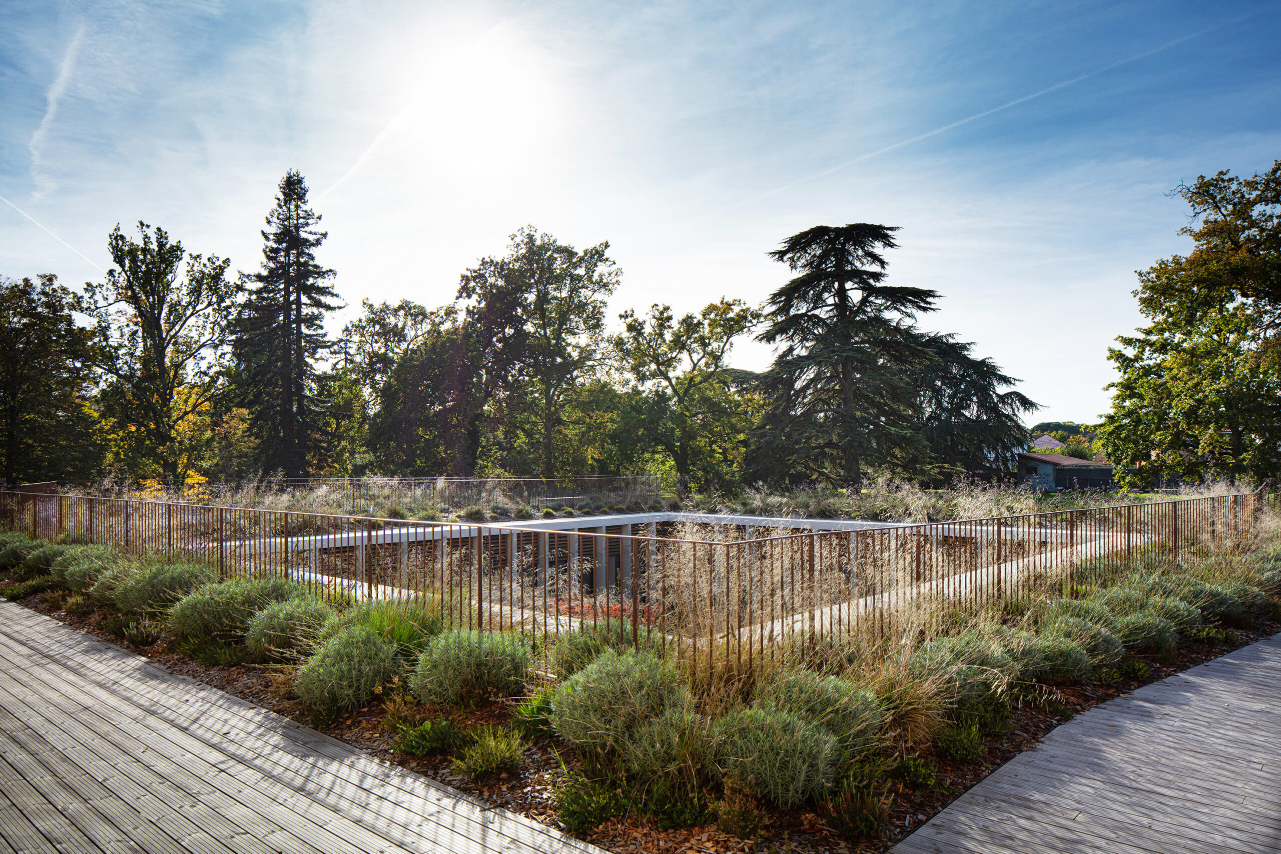 vue sur le parc depuis le jardin haut sur le toit de l'extension / Arthur Pequin