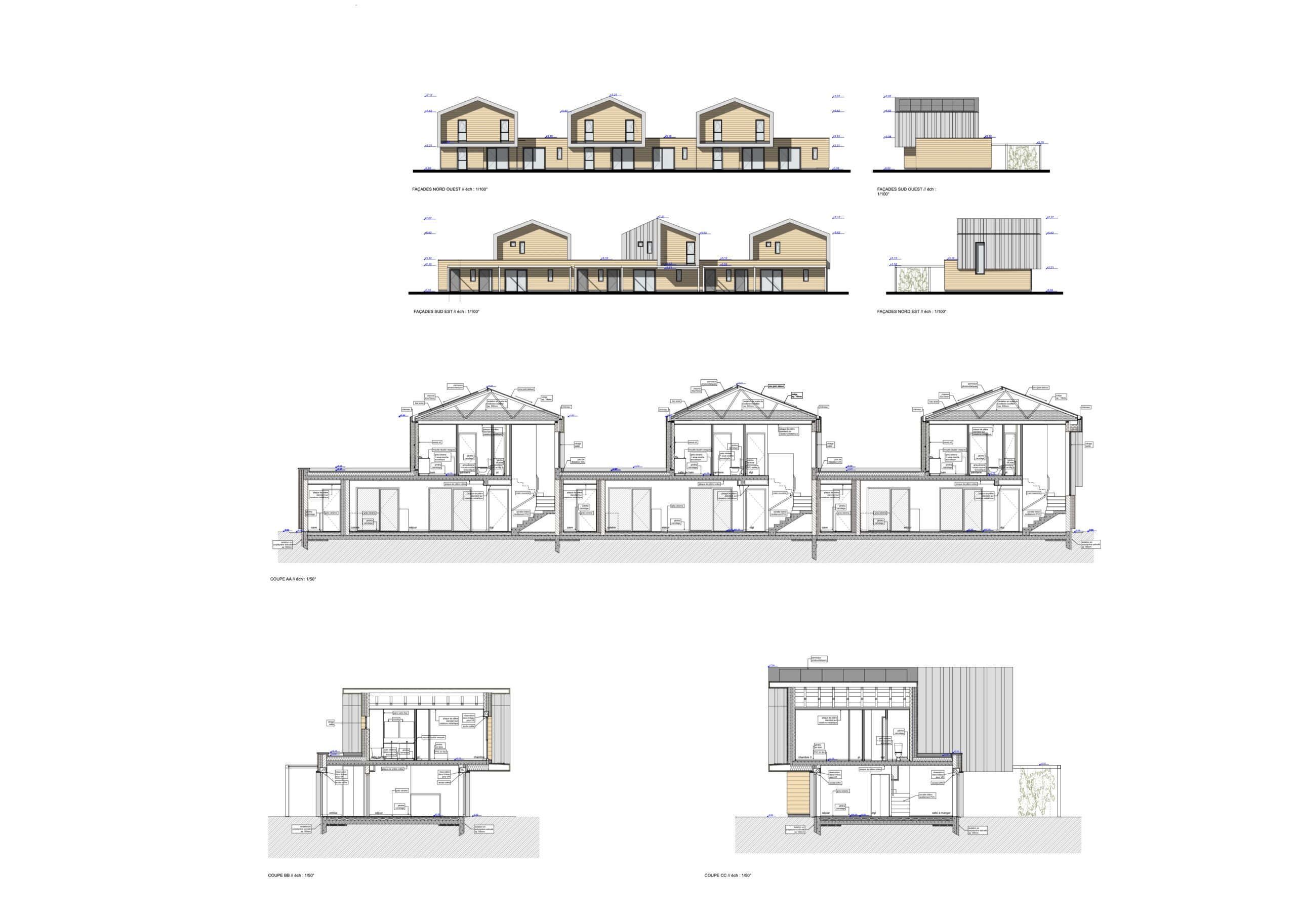 Coupes_Facades des logements individuels T4//T5//T4 / Corset-Roche & associes