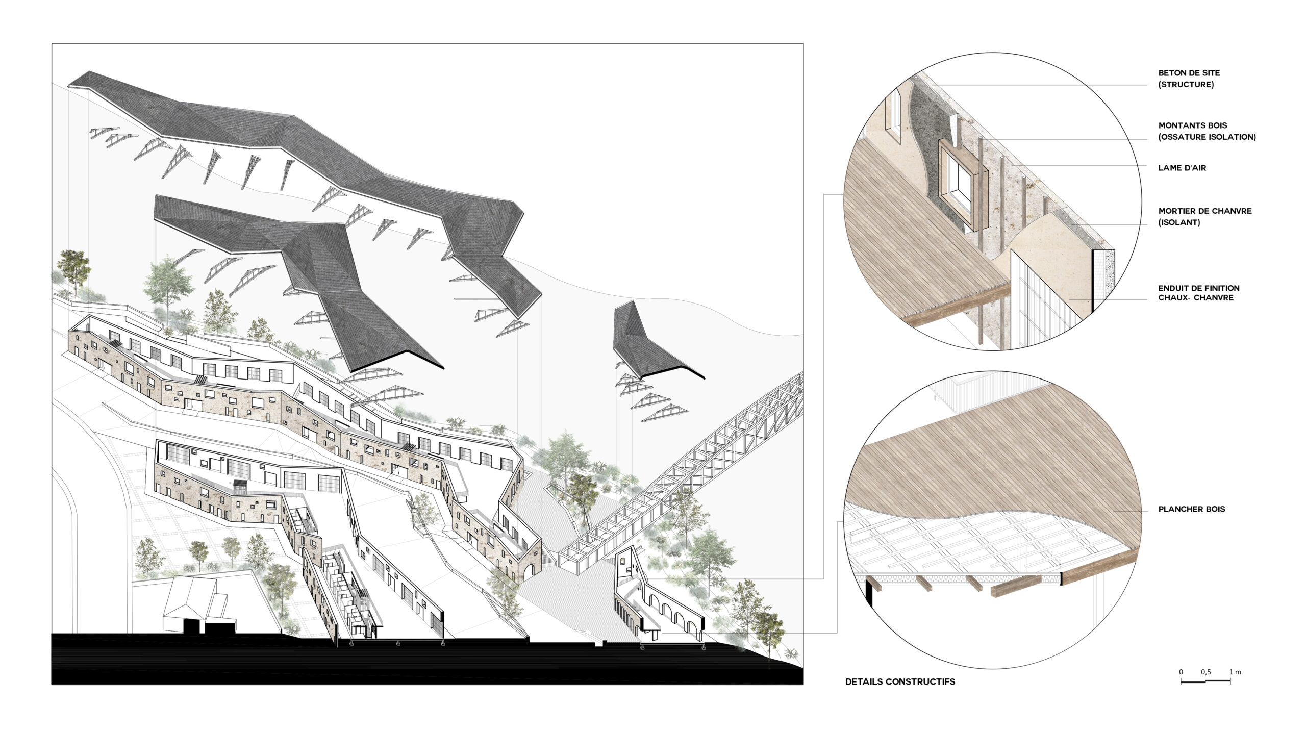 Bâtir une enveloppe pérenne - Axonométries, générale, de détails / Léa Poublan
