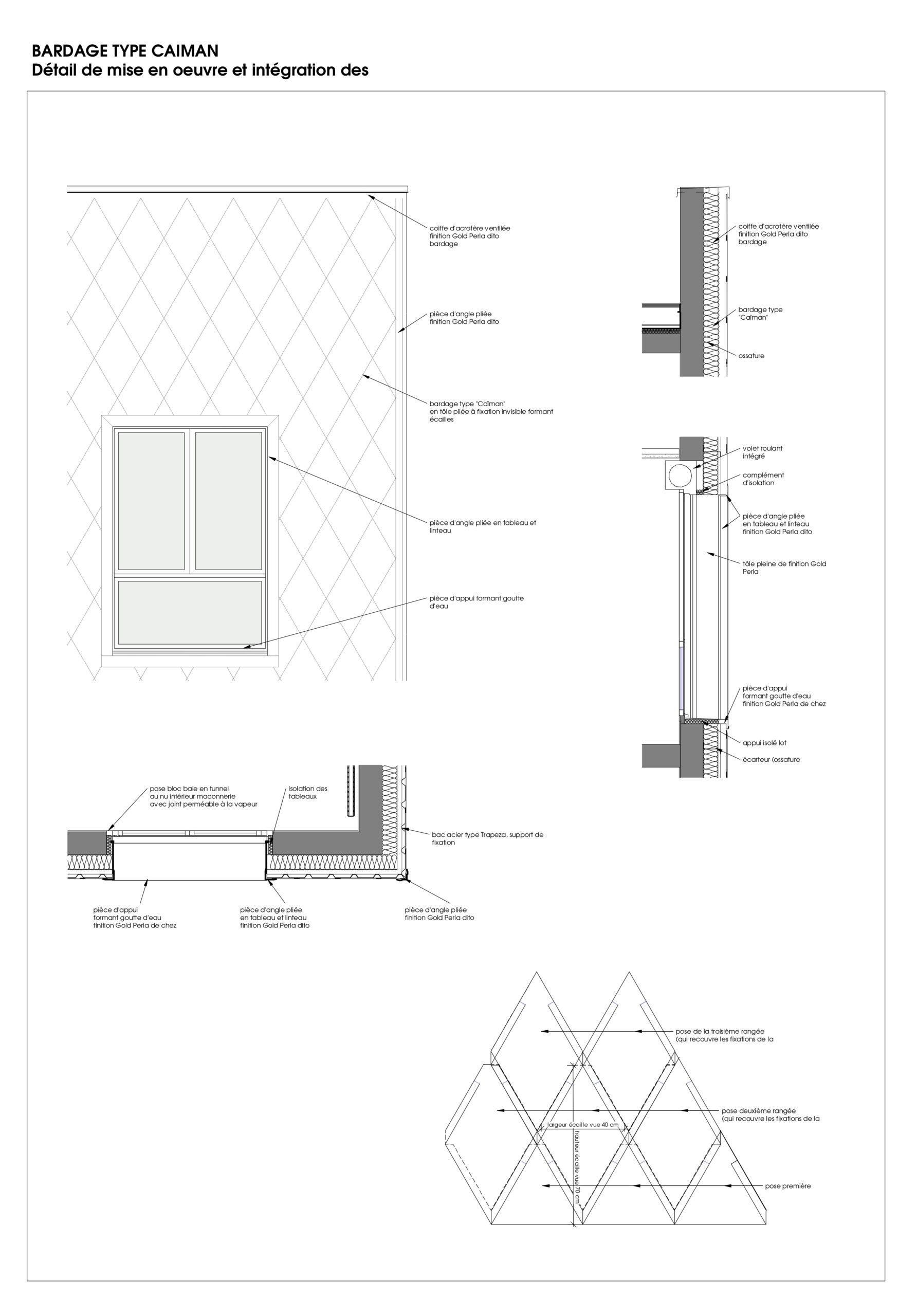 Détail technique du bardage en écailles dorées / Bulle Architectes
