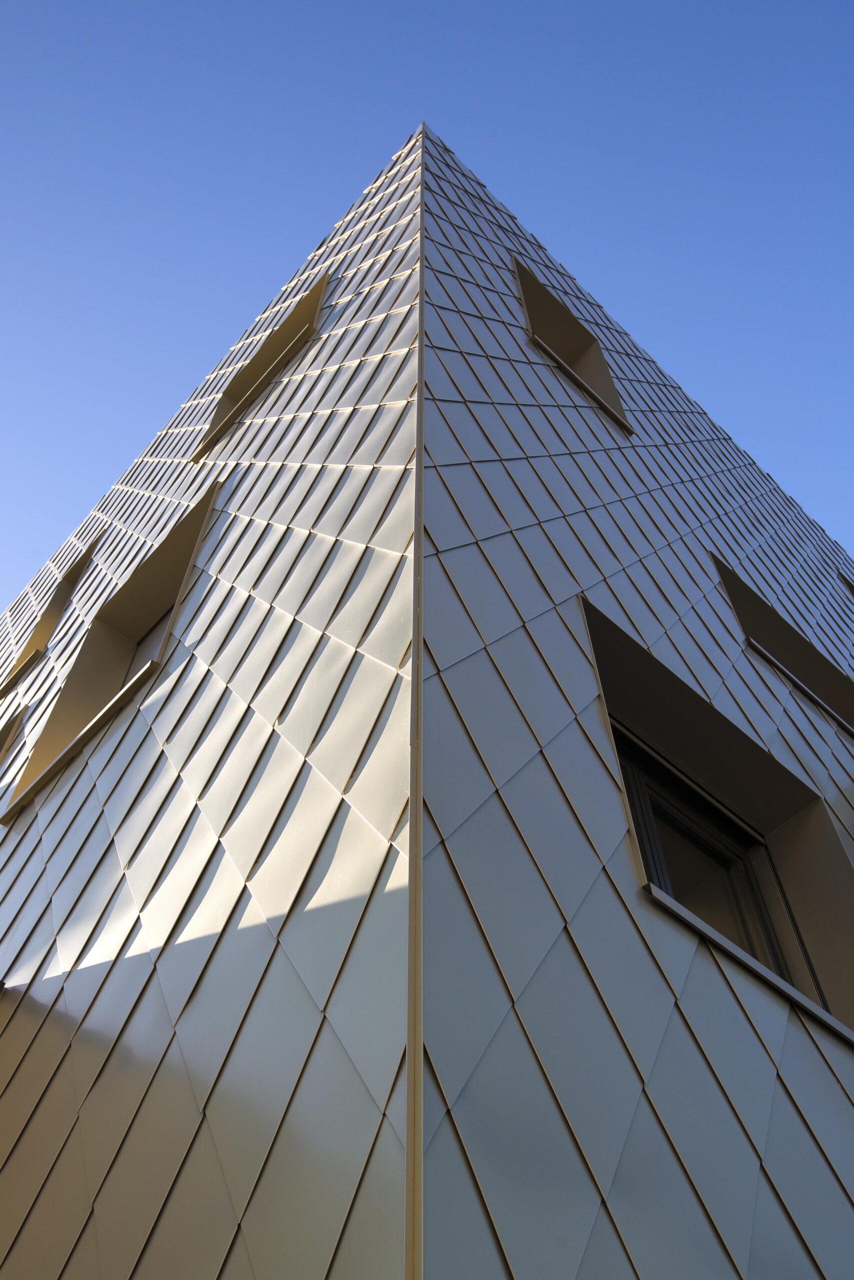 Détail de la façade avec un bardage en écailles dorées / Désirode