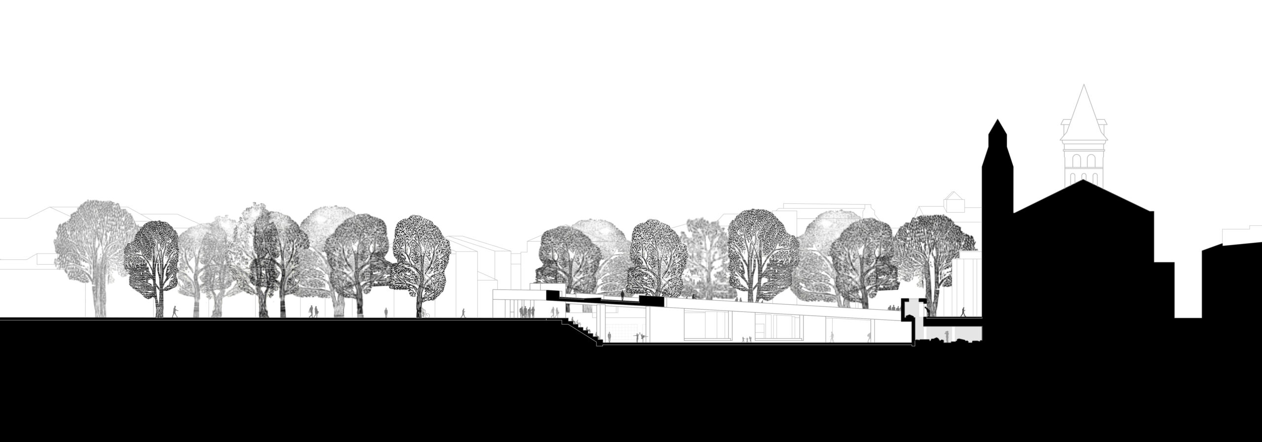 Coupe longitudinale avec à gauche le péristyle de platanes existants faisant office d’amorce de l’entrée du Grand Espace Commum, à droite, la nouvelle entrée des fouilles en sous-sol et la requalification du parvis sud de la Basilique de Saint Seurin / Maxime Carrère