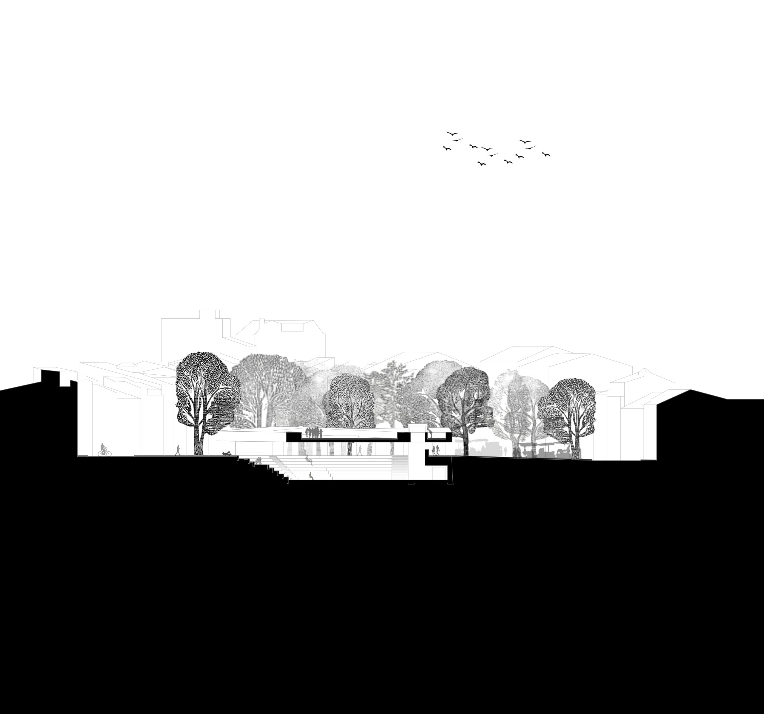 Coupe sur les gradins couverts et sur l’espace public du toit lové dans le feuillage des platanes / Maxime Carrère