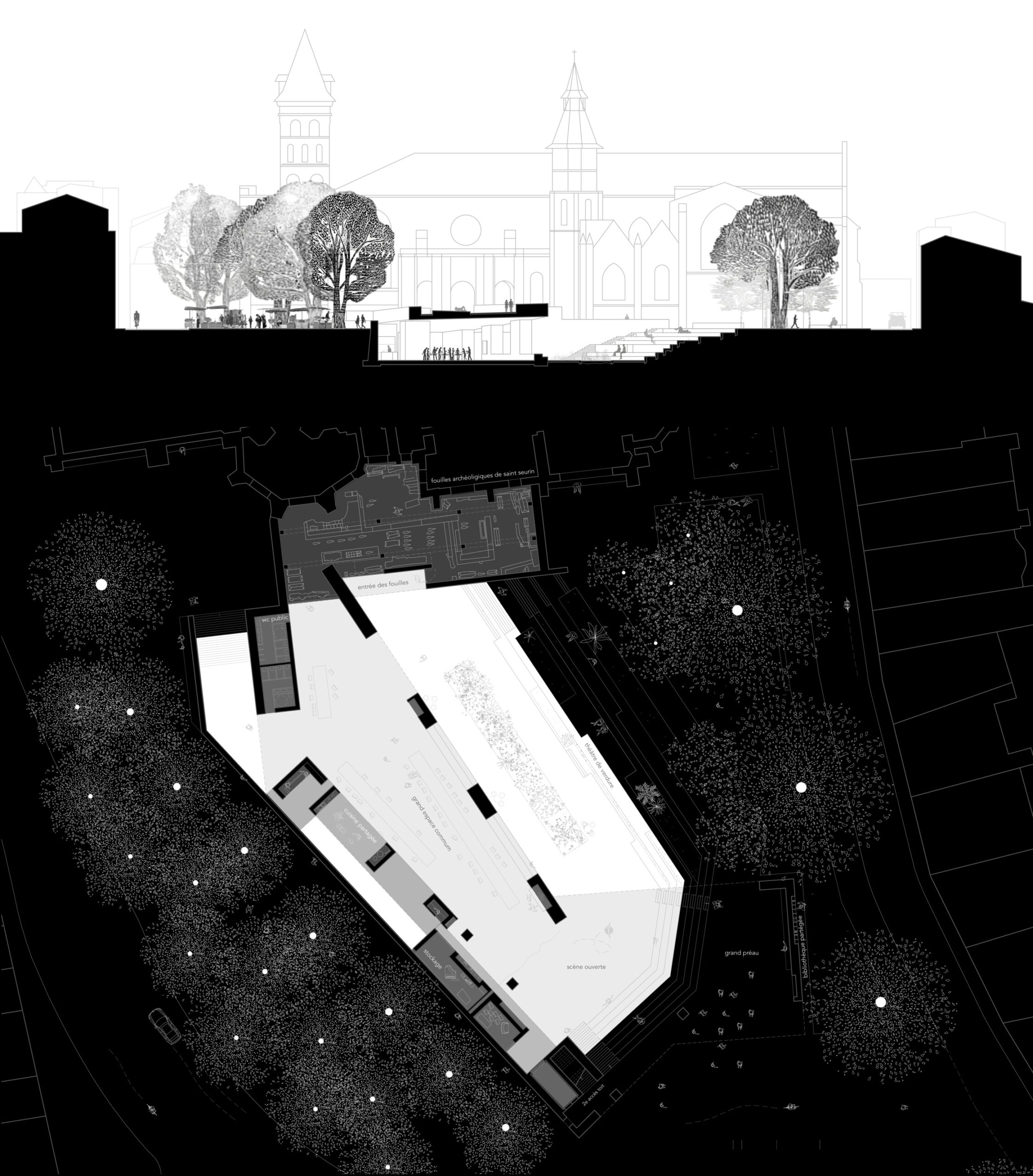 Coupe transversale sur la place lors du marché du vendredi - Plan du couvert urbain et de la nouvelle entrée des fouilles archéologiques à -4m vis-à-vis du sol de la place / Maxime Carrère