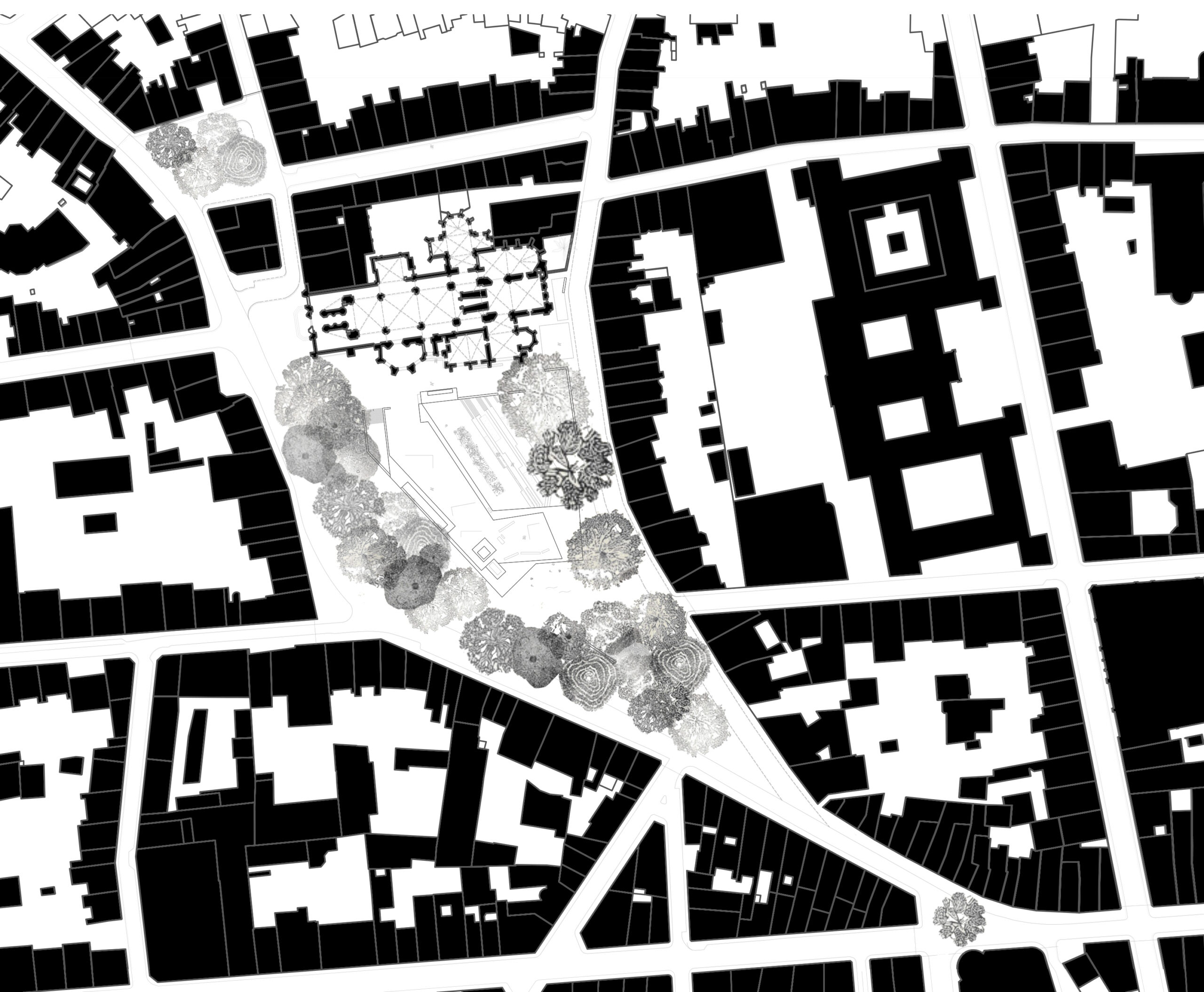 Plan masse de la place, de ses platanes et du projet / Maxime Carrère