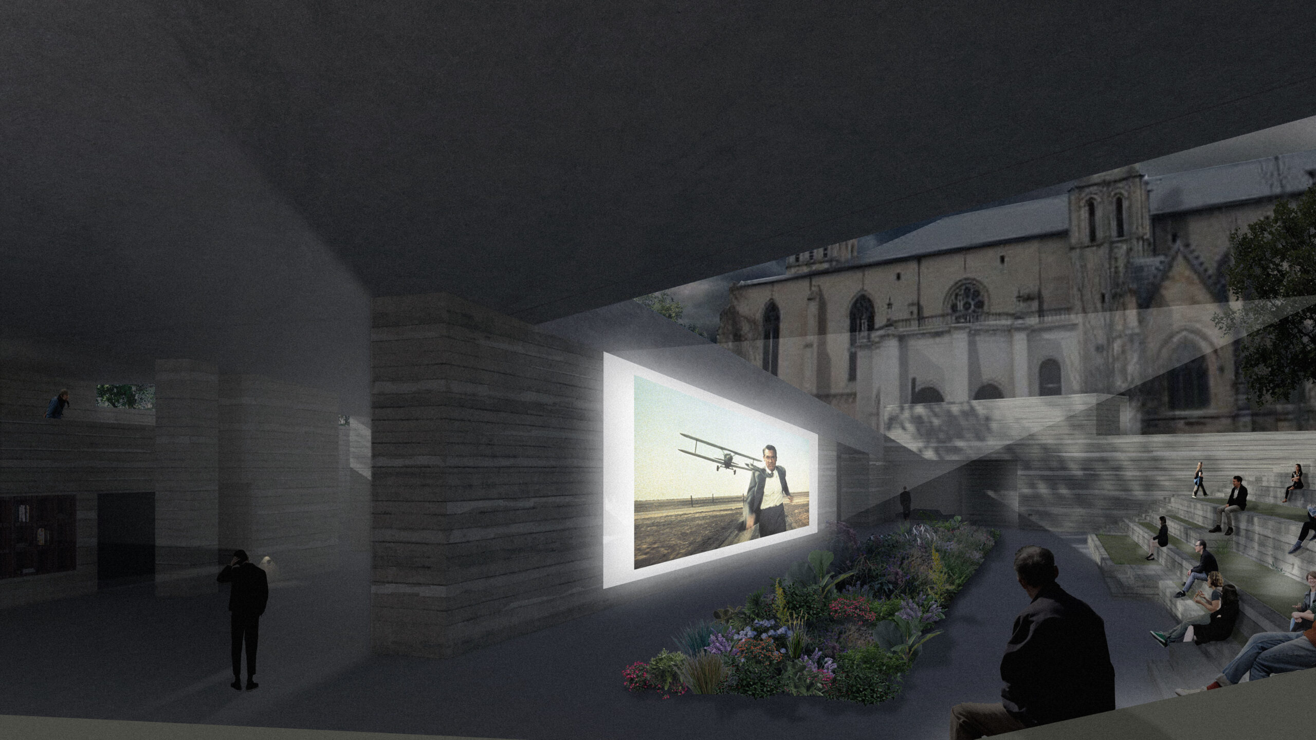Vue d’une soirée d’été dans le cloître, lors d’une projection d’un film / Maxime Carrère