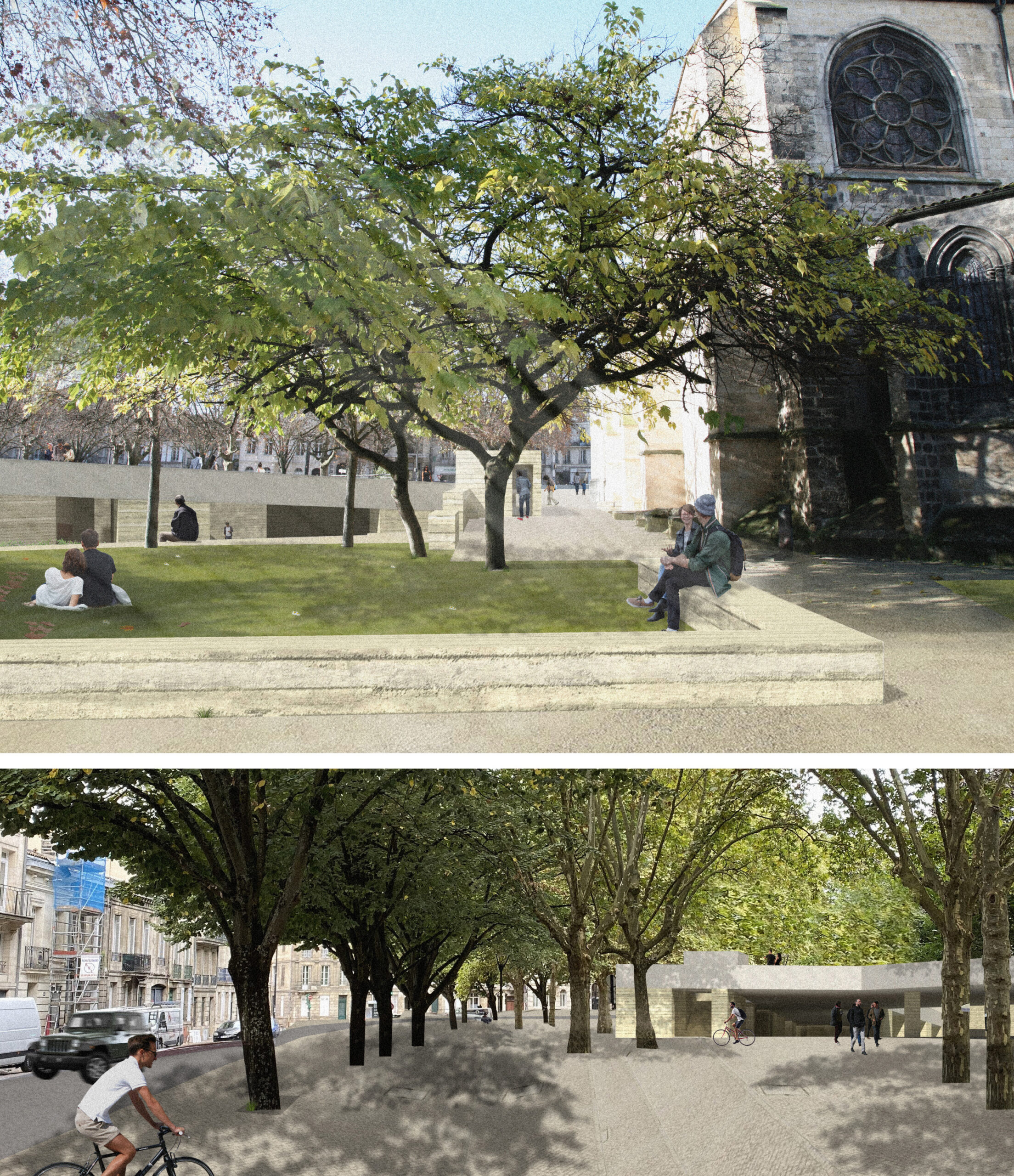 Vue depuis le jardin requalifié des absides de la Basilique - Vue depuis l’entrée de la place depuis le débouché du centre ville historique / Maxime Carrère