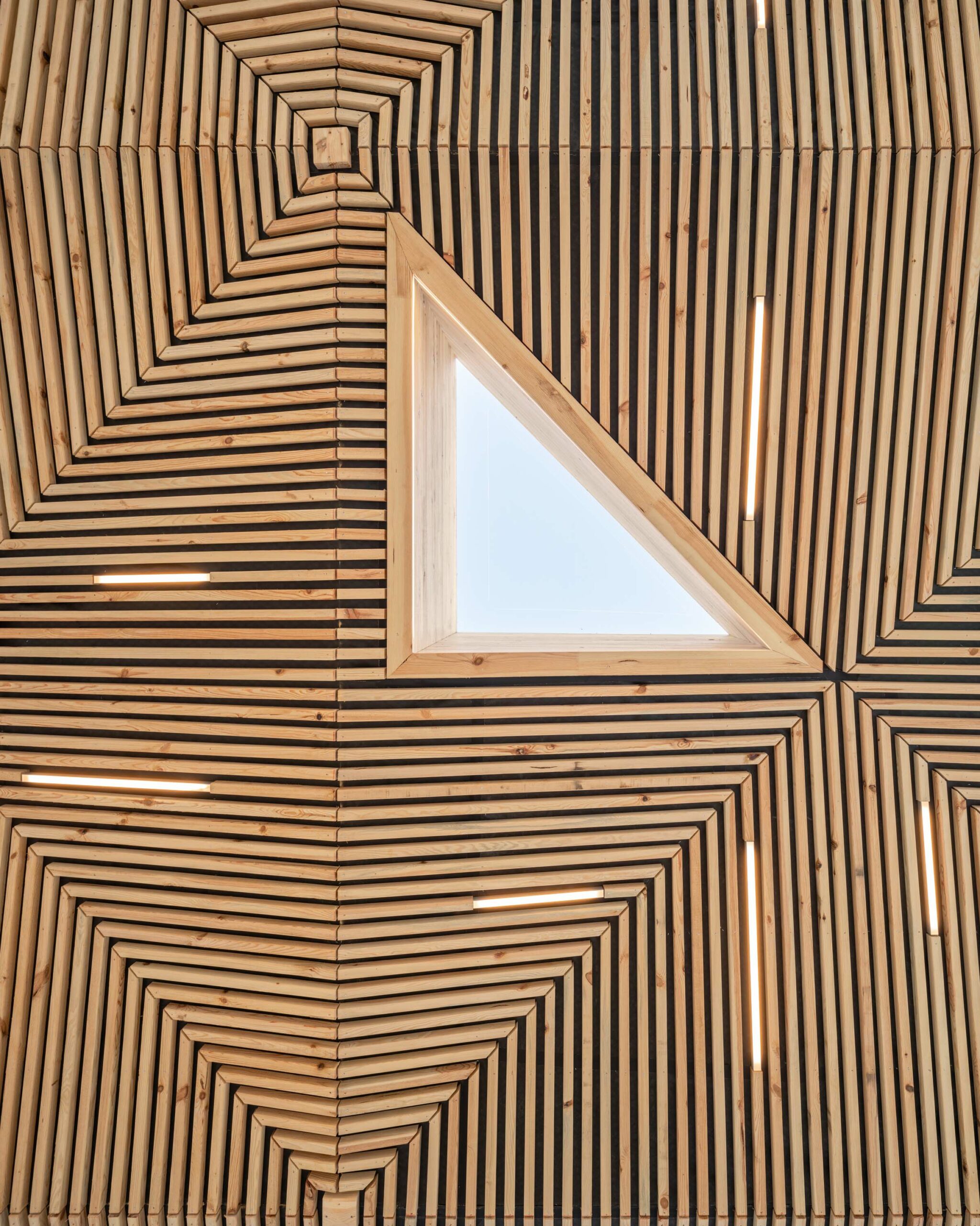 Zoom sur la sous face en bois et fenêtre de toit de la halle / Florence VESVAL