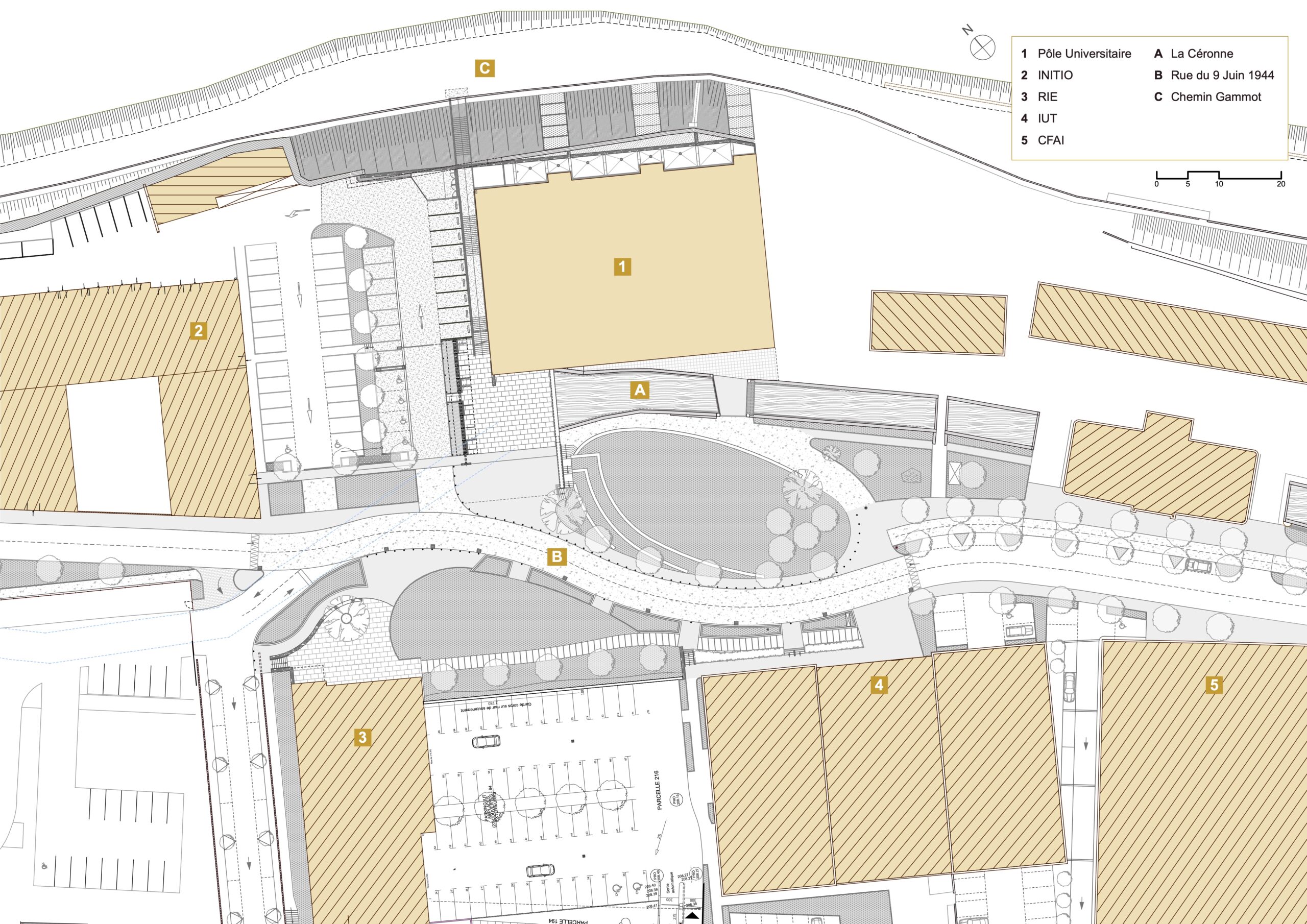 Plan de masse du cœur de campus: nouveaux parvis pour les équipements (pôle universitaire ex-bât.419, pépinière d'entreprises, IUT, restaurant inter-entreprises) et nouveau théâtre de verdure forment le poumon vivant du nouveau quartier, de part et d'autre de la rivière Céronne mise en valeur. / Agence Beffre