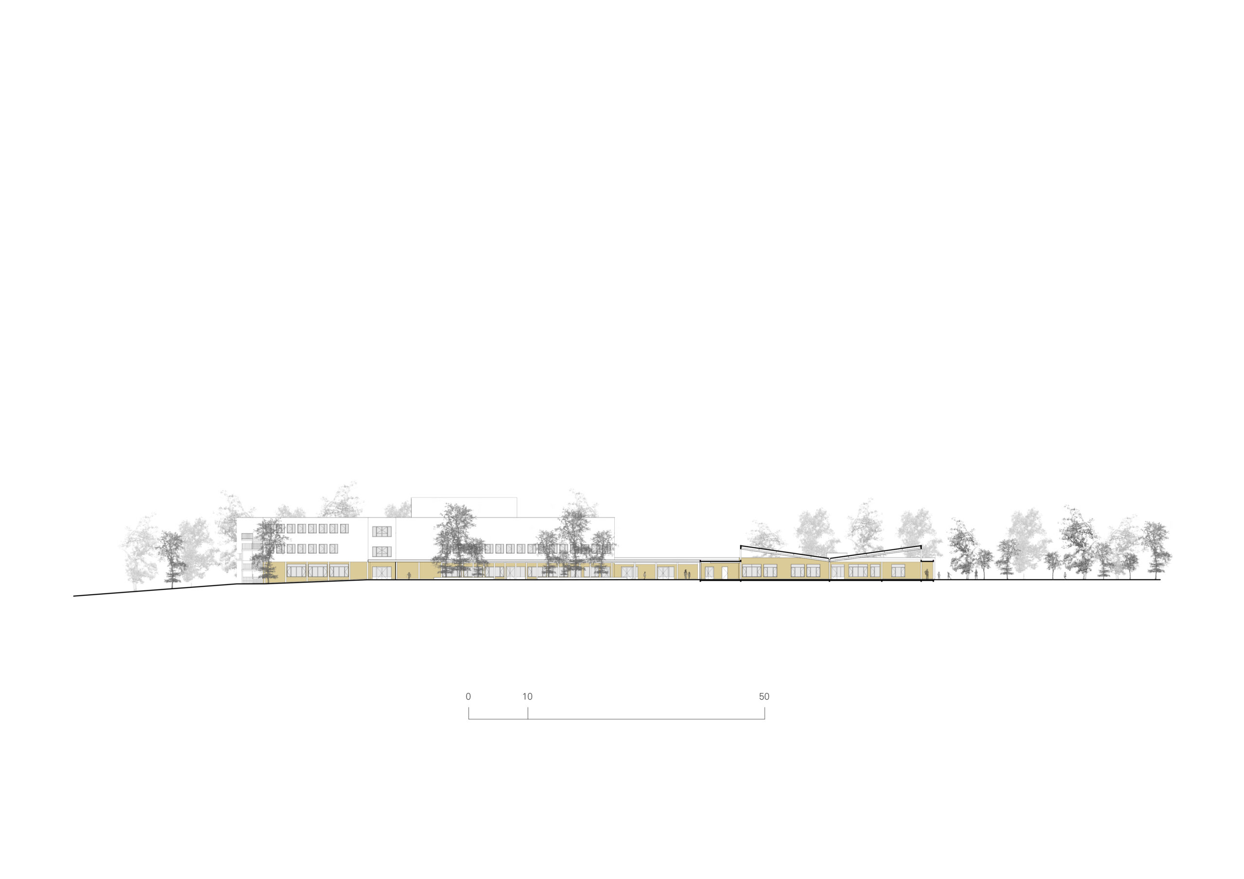 coupe sur parvis, entrée et cour / architectes