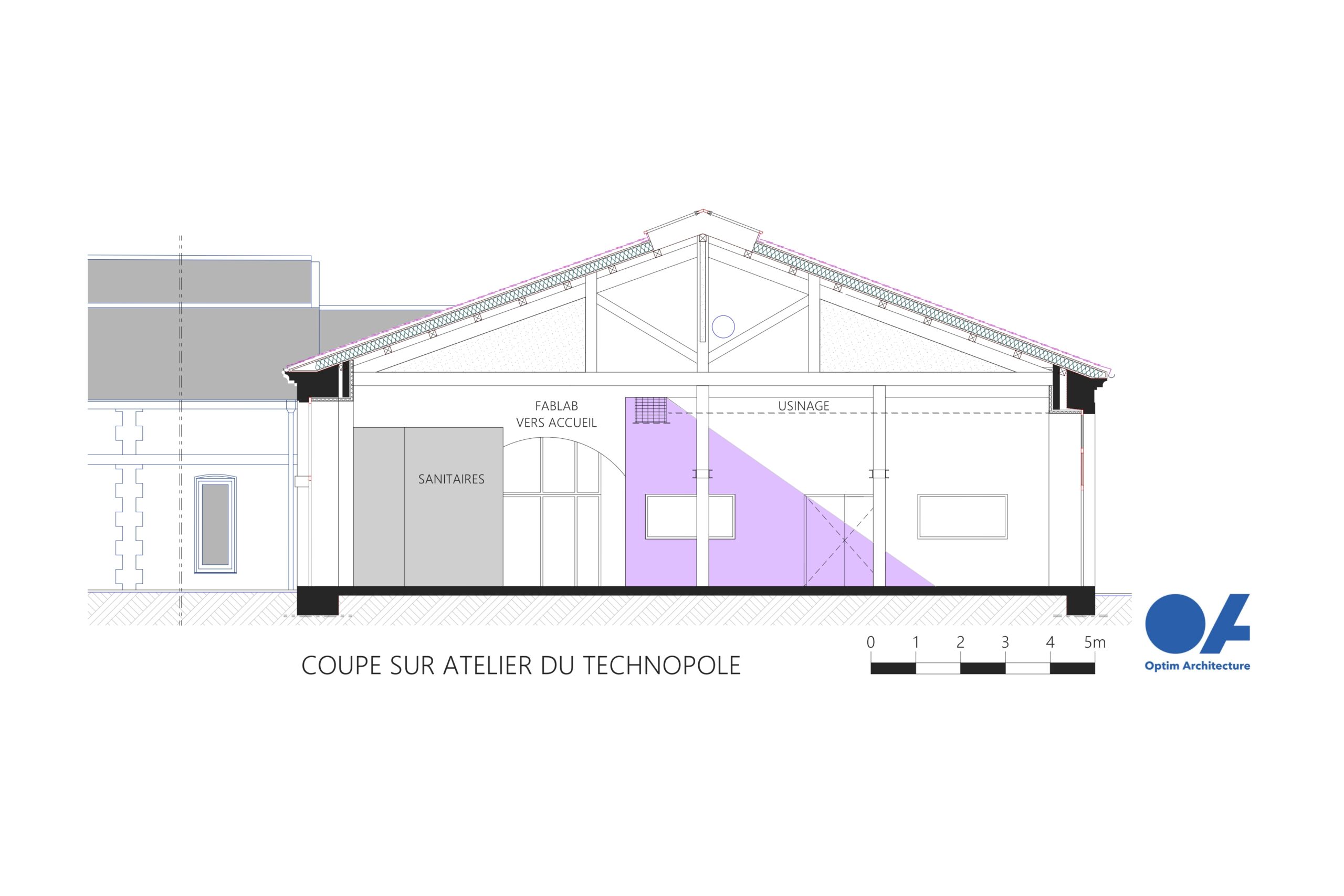 Coupe sur Atelier du TECHNOPOLE / Optim'Architecture