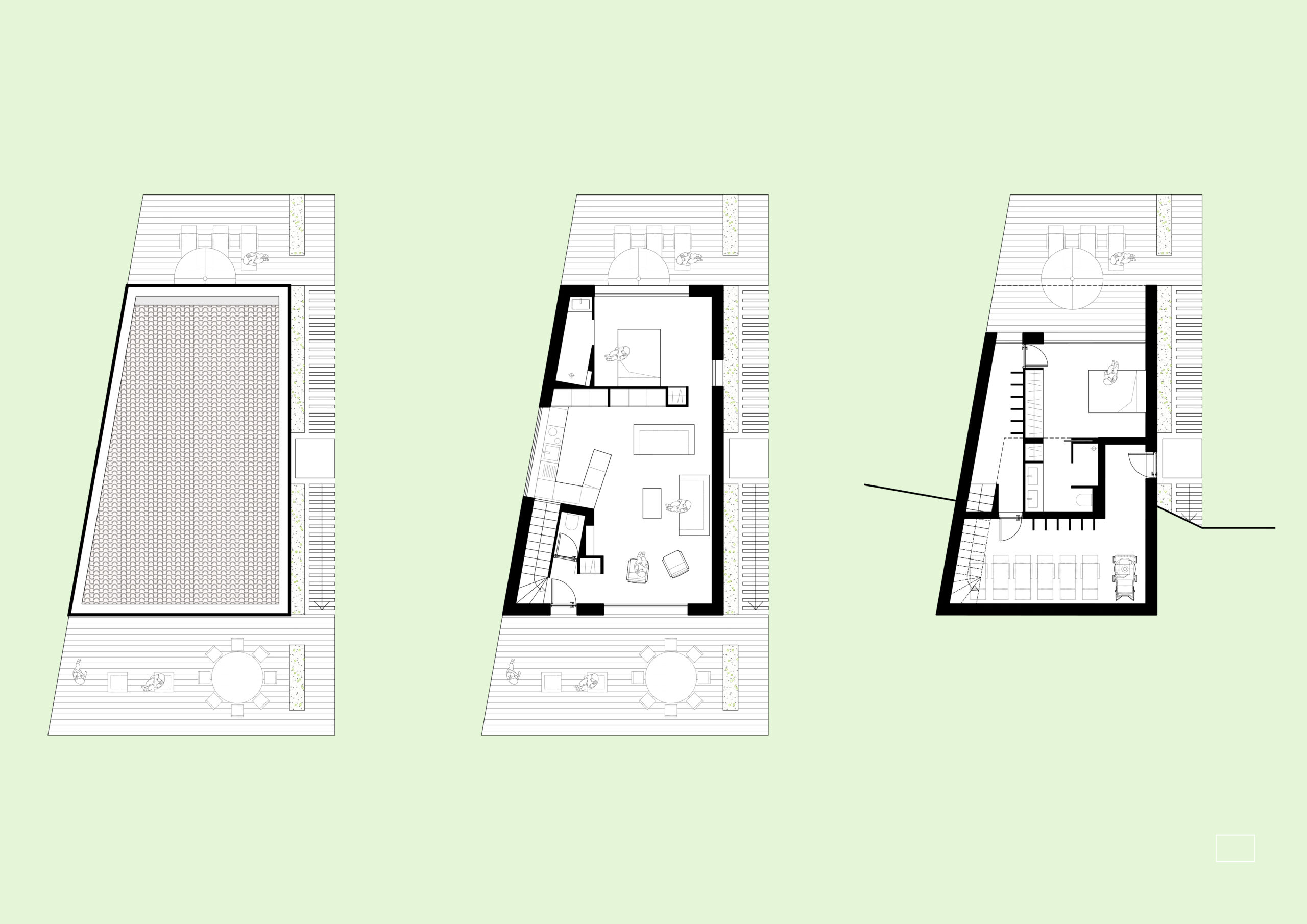 Plan de toiture, de rez-de-chaussée (accès) et de rez-de-jardin. / B+L ARCHITECTES