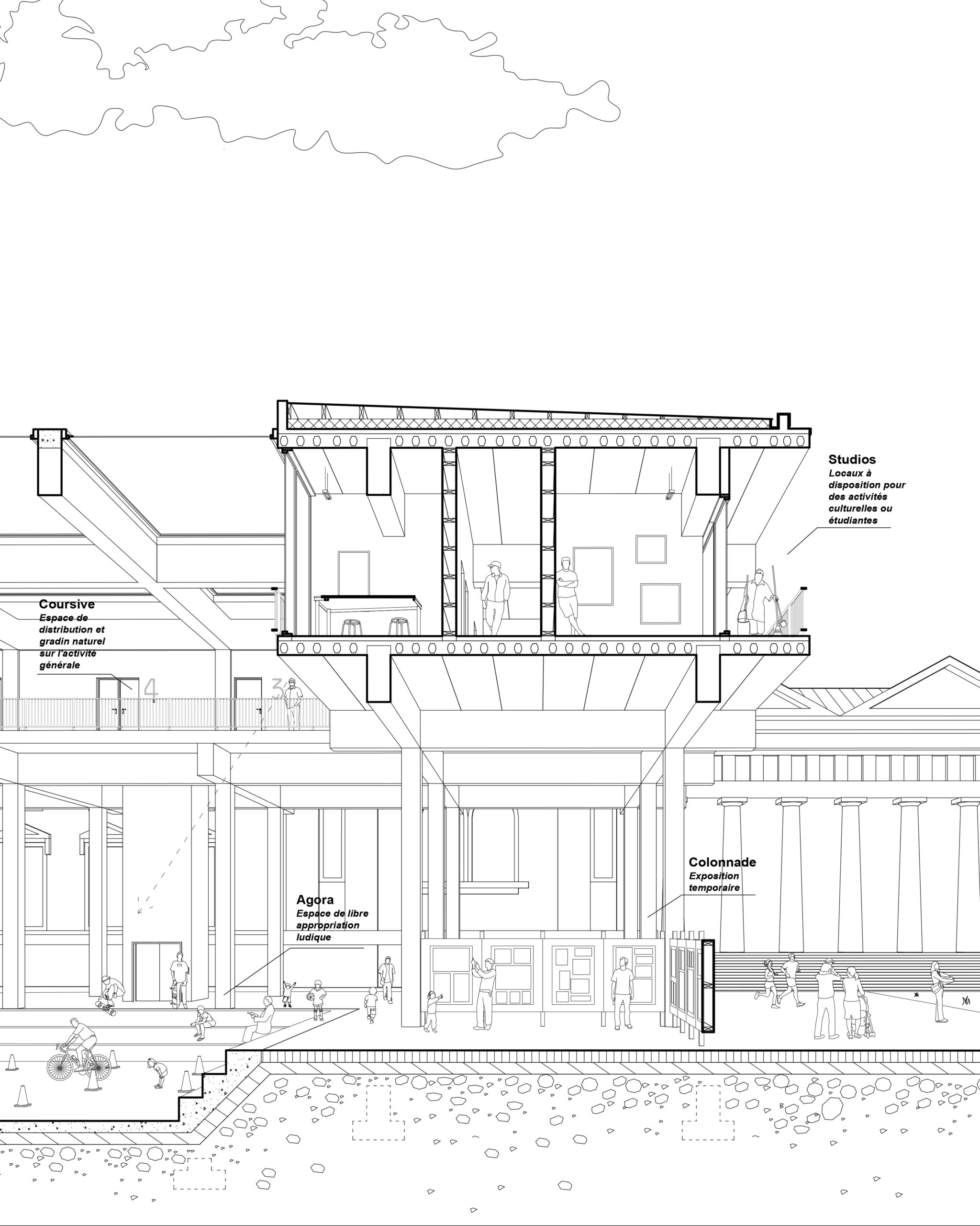 Coupe perspective longitudinale sur colonnade / Benjamin Codet