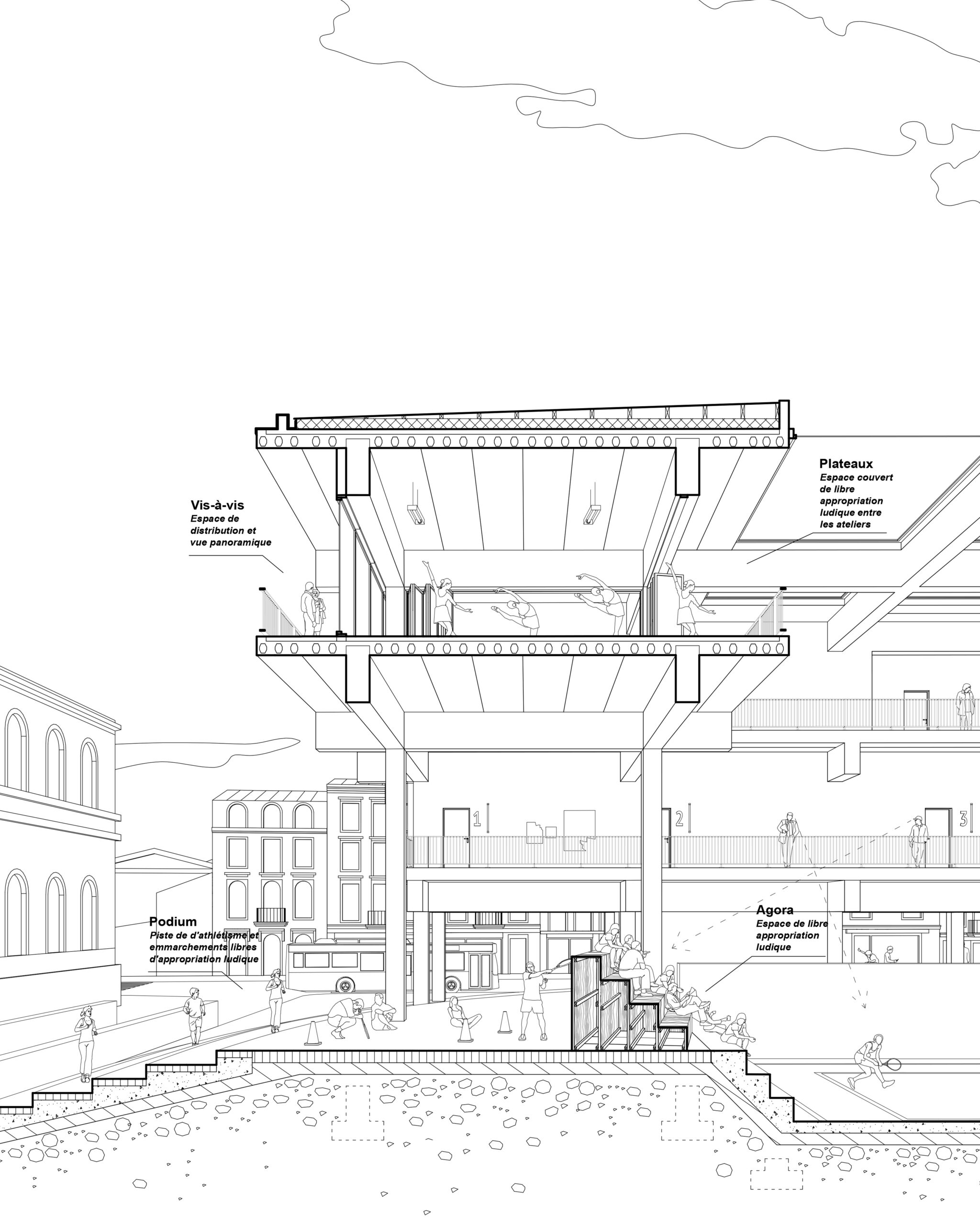 Coupe perspective transversale sur espace collectif / Benjamin Codet