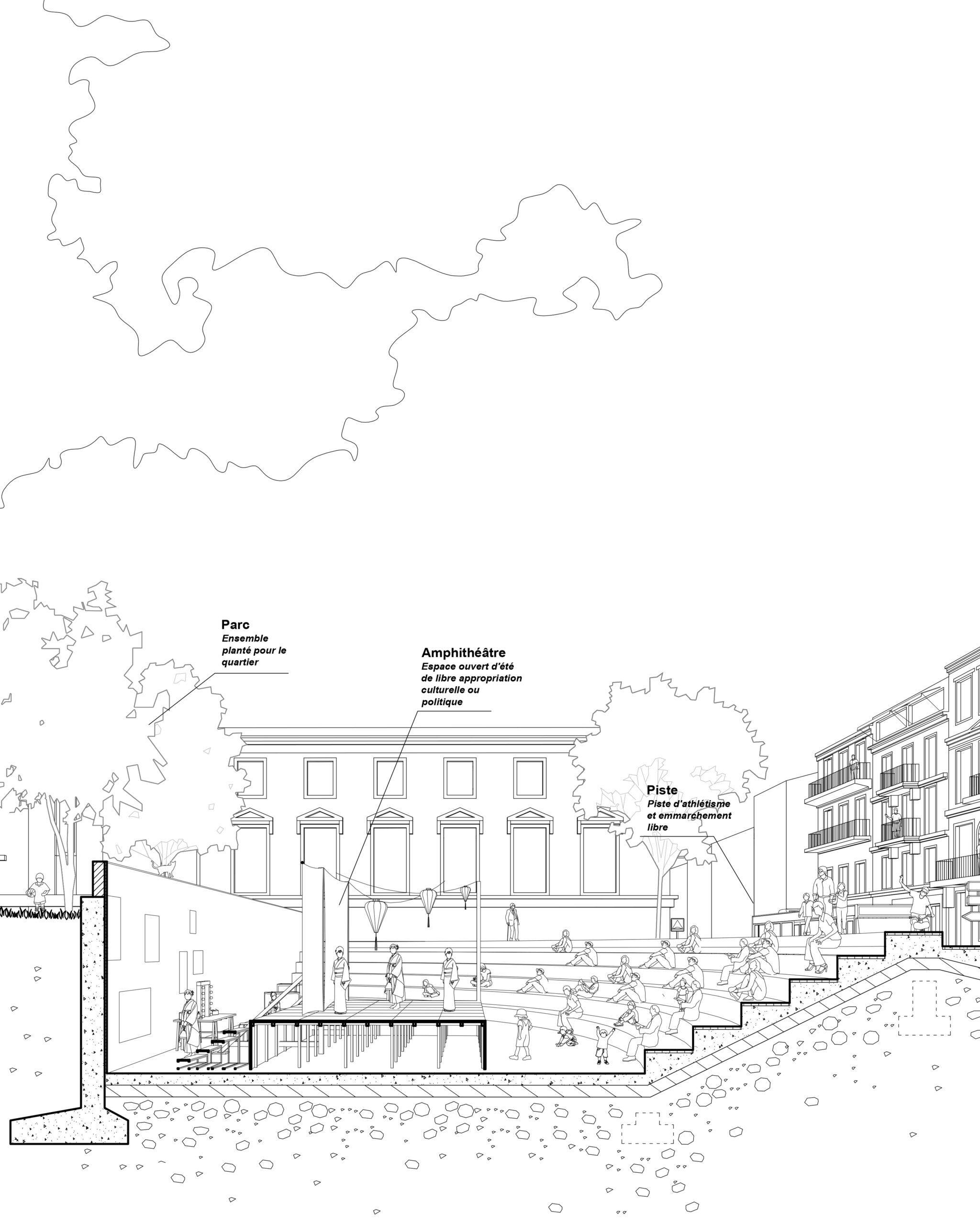 Coupe perspective longitudinale sur théâtre urbain / Benjamin Codet