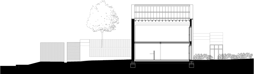 Coupe sur le bâtiment E / Atelier du Rouget Simon Teyssou & associés