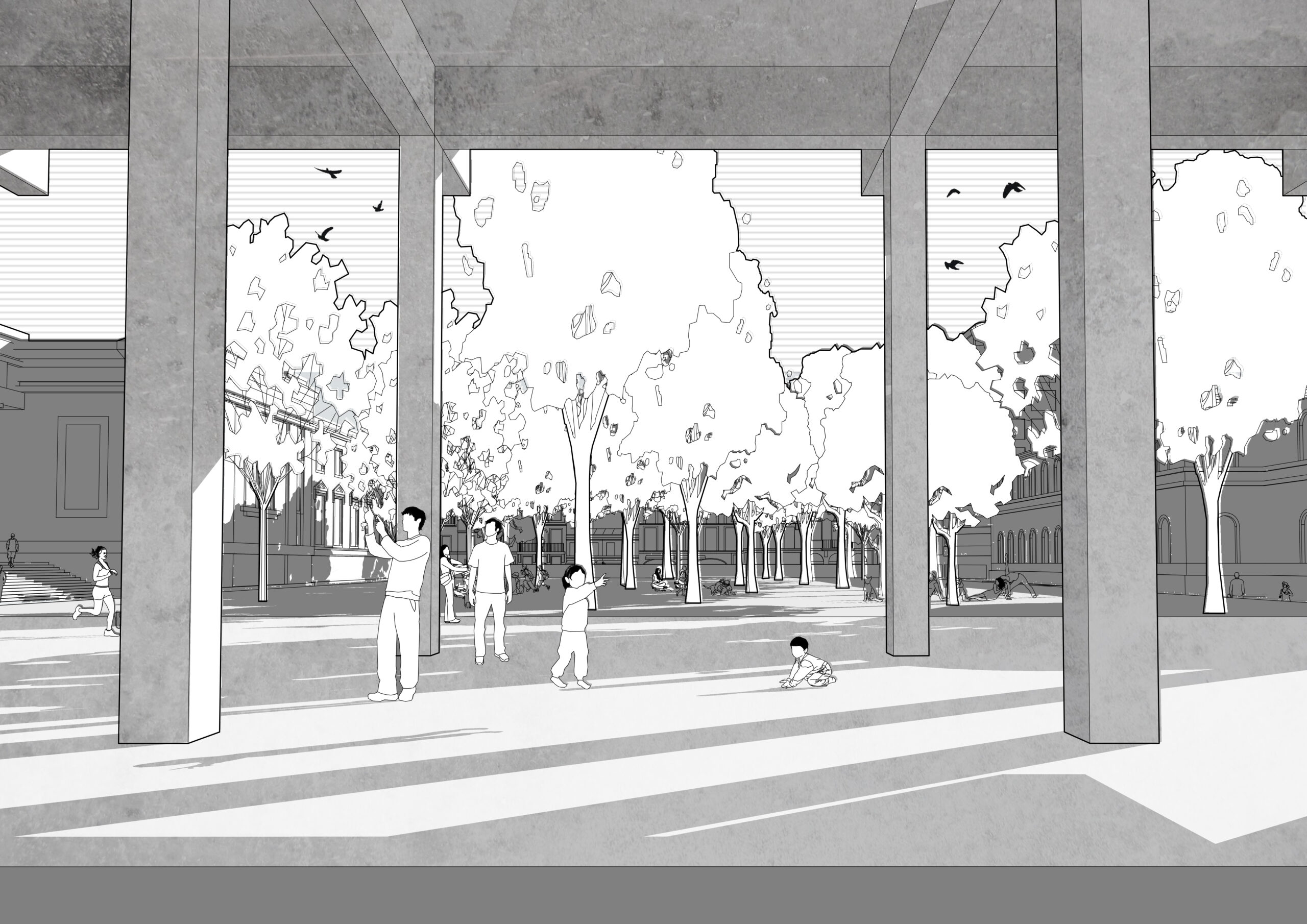La colonnade se prolonge dans le parc / Benjamin Codet