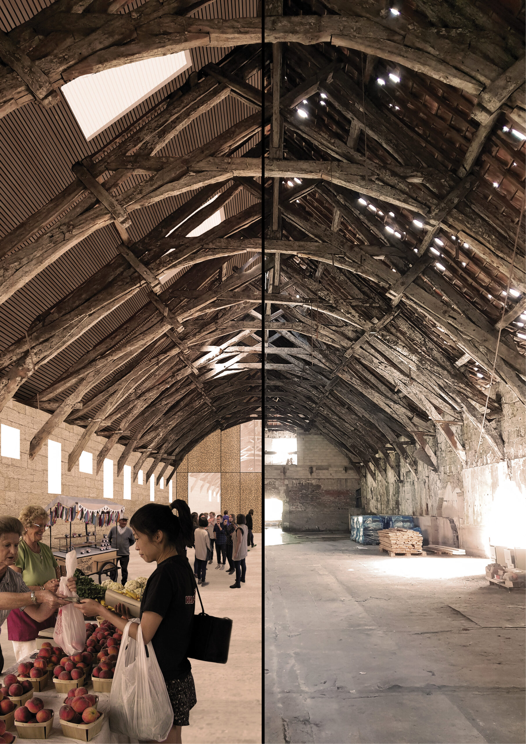 Vue intérieure sur la halle, la mémoire du lieu au rythme d’un espace de partage. / Giorgio - Lorblanchet - Mesnard